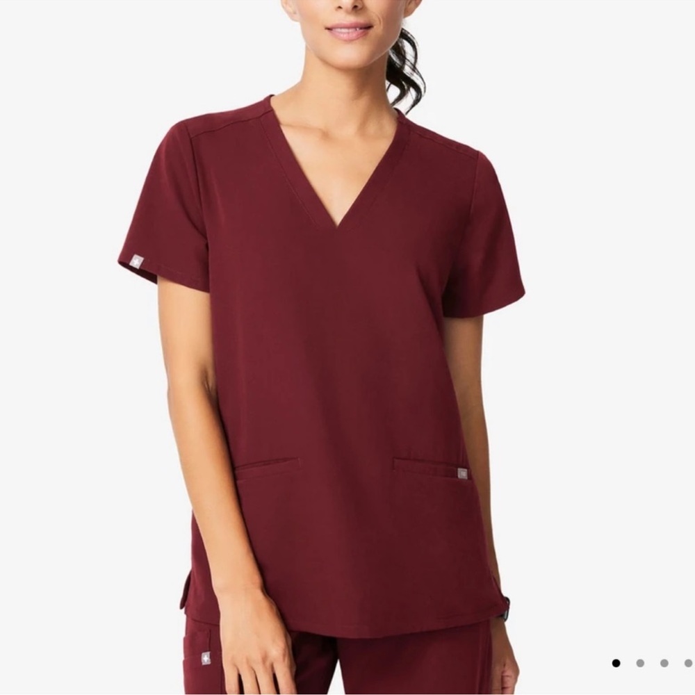 Figs Maroon Short Sleeve V-Neck Scrub Top